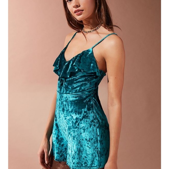 Teal Crushed Velvet Dress Romper - Picture 6 of 8